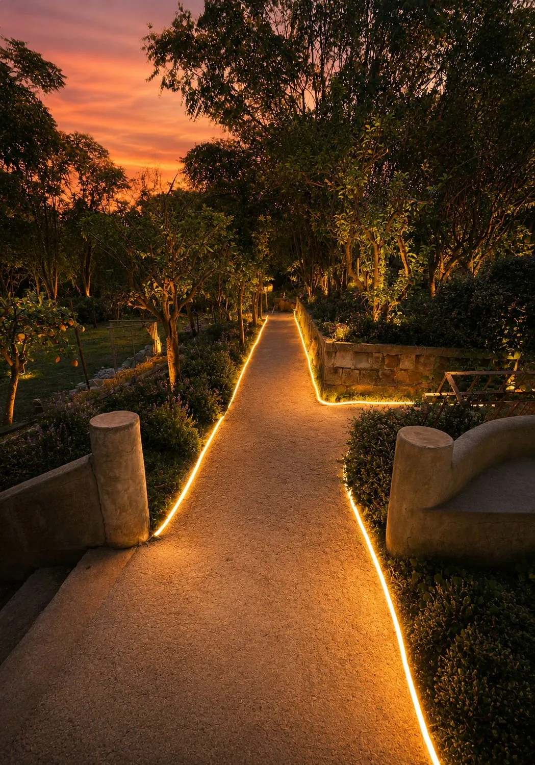 Bubble hotel in Campania: vialetto illuminato del giardino segreto di Capua al tramonto